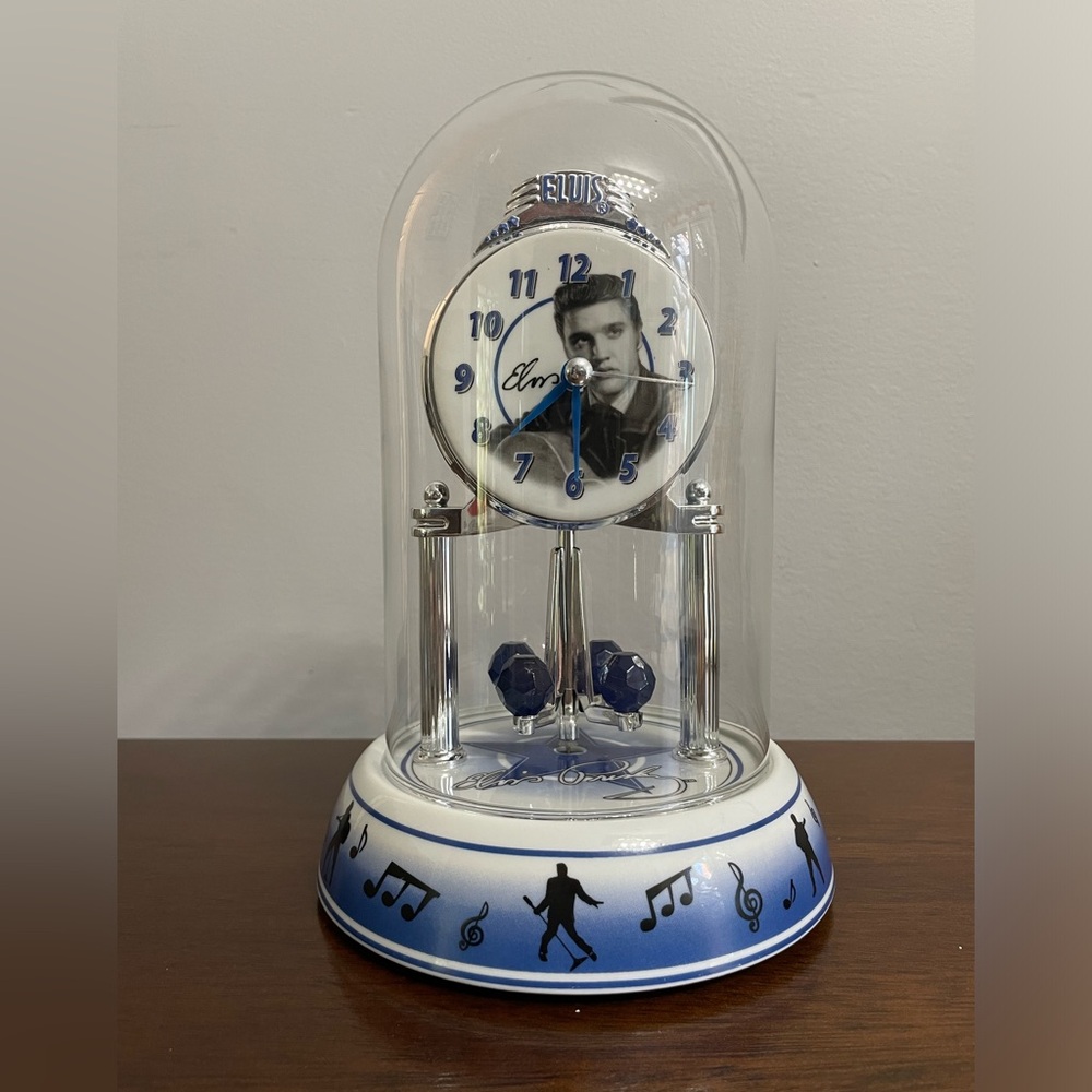 ELVIS PRESLEY Silver Anniversary Clock Porcelain Base Guitars Rotate Glass Dome